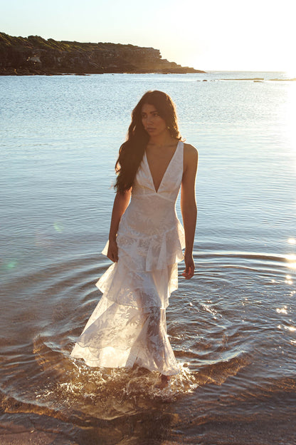 Veda Strappy Back Ruffle Chiffon Maxi Dress White