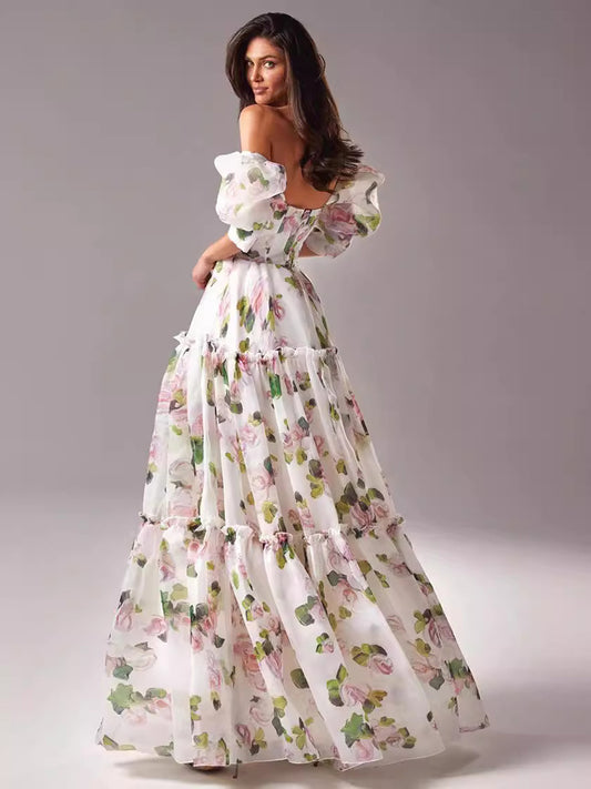 Party Dress Floral Off The Shoulder Tiered A-Line Elegant Prom Maxi Dresses
