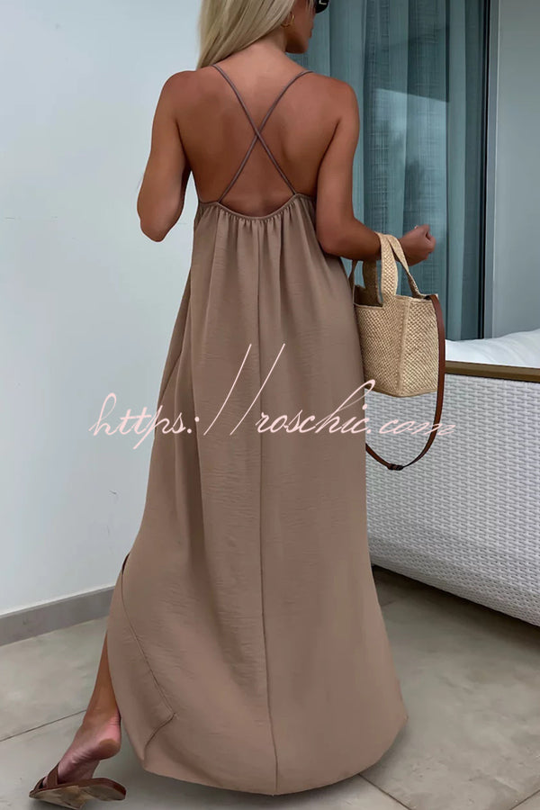 Solid Color Resort Style Spaghetti Strap Backless Maxi Dress