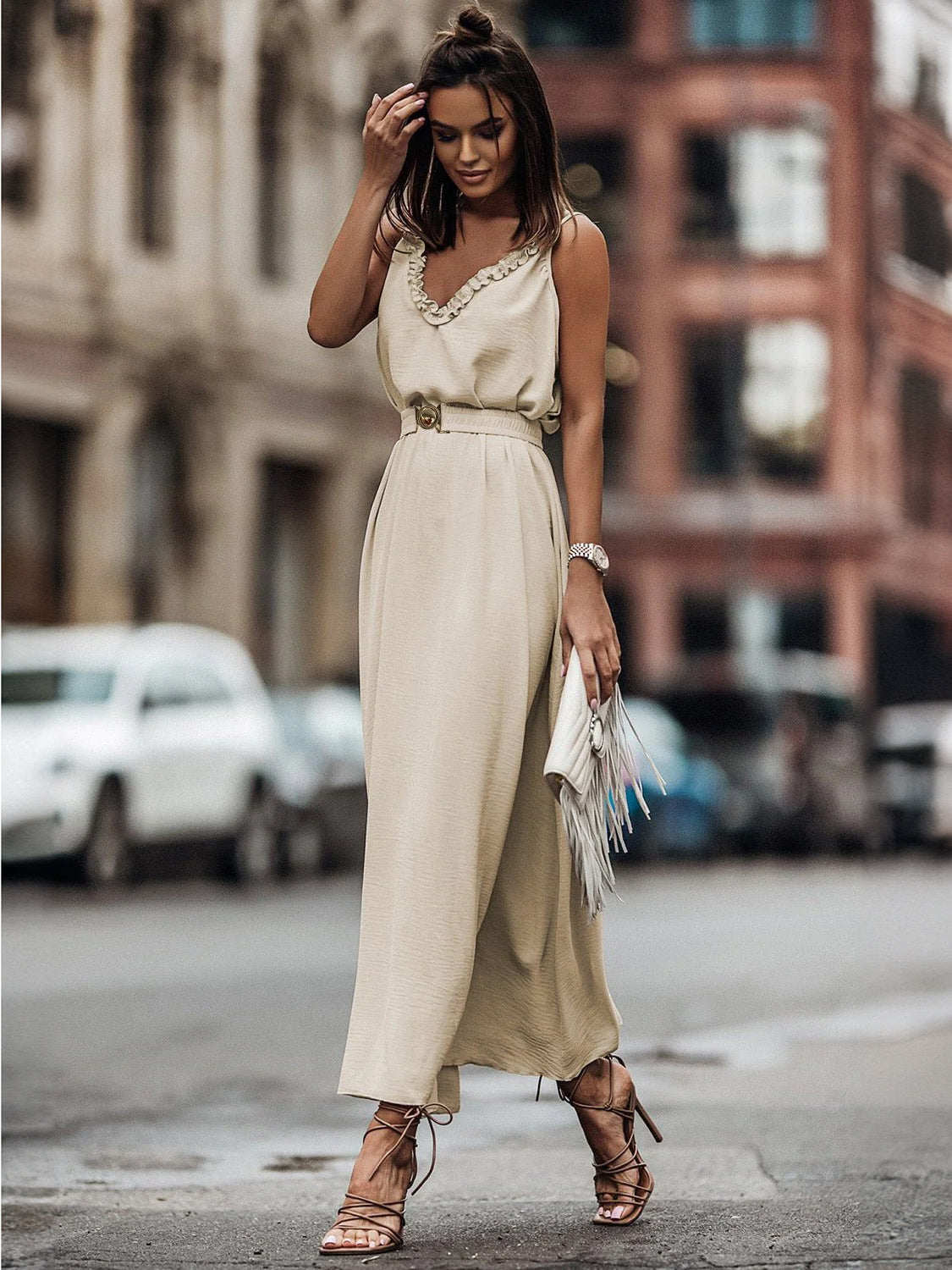 Boho Dress Ruffles V-Neck Belted Sleeveless Summer Casual Maxi Dresses