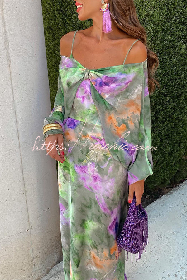 Expect The Best Tulle Tie-dye Print Maxi Dress with Removable Shawl
