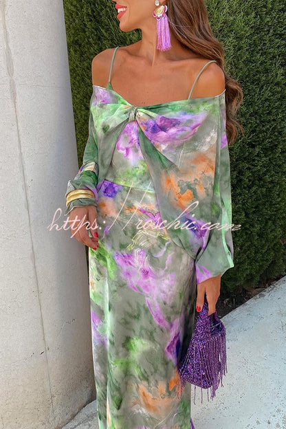 Expect The Best Tulle Tie-dye Print Maxi Dress with Removable Shawl