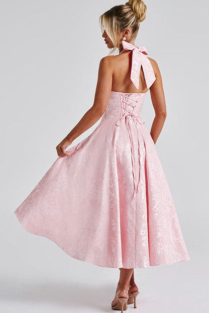 Genevieve™ | V-Neck Halterneck Sleeveless Jacquard Maxi Dress