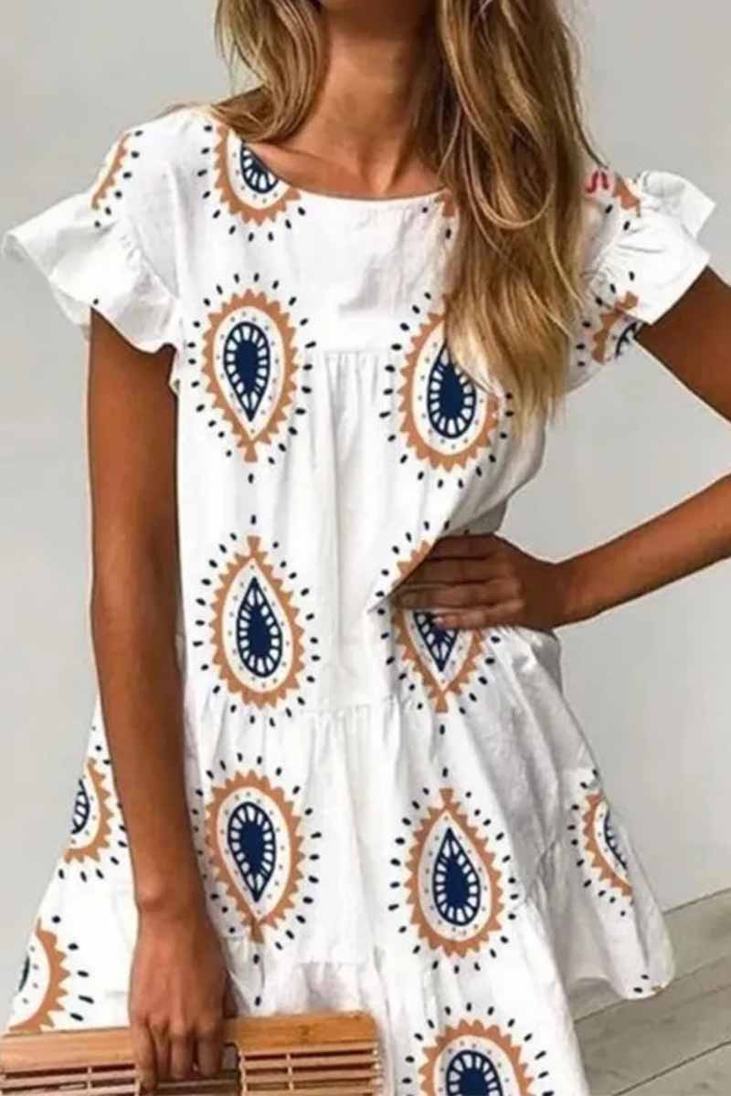 Vestido mini con cuello redondo y estampado de gotas de agua