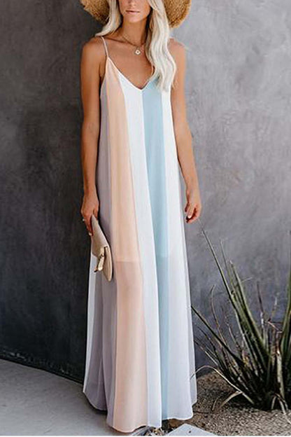 Vestido largo a rayas con cuello en V