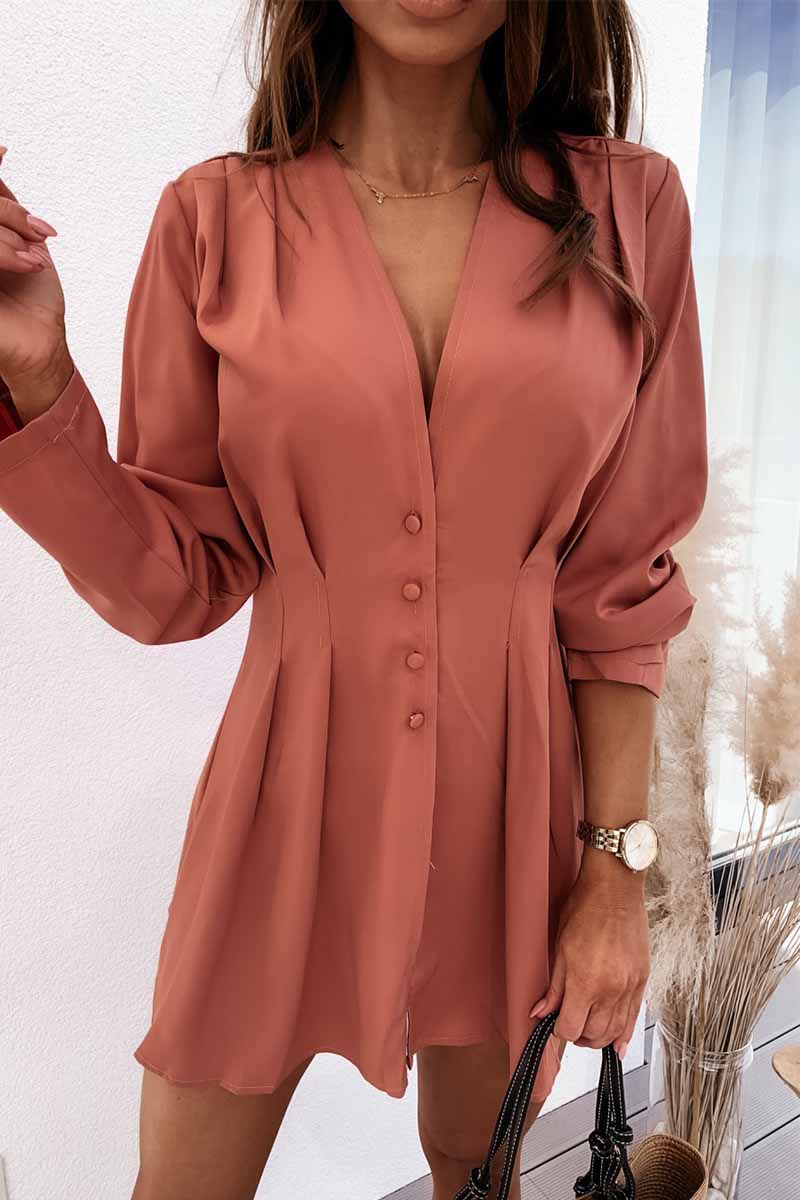Vestido mini de manga larga con botones y cuello en V