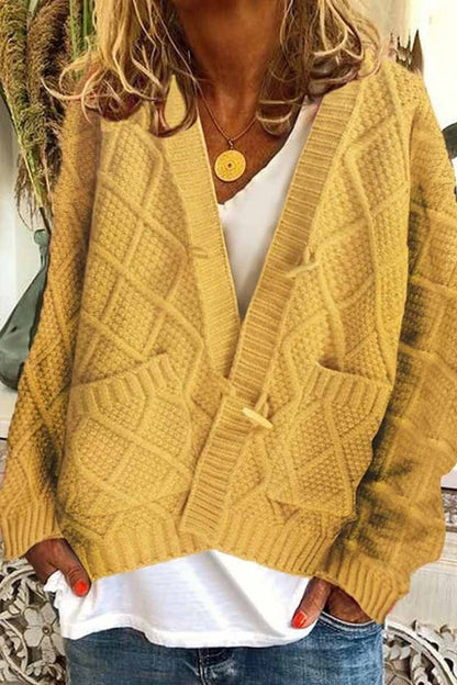 Solid Ribbed Horn Buckle Pockets Cardigan(4 Colors)
