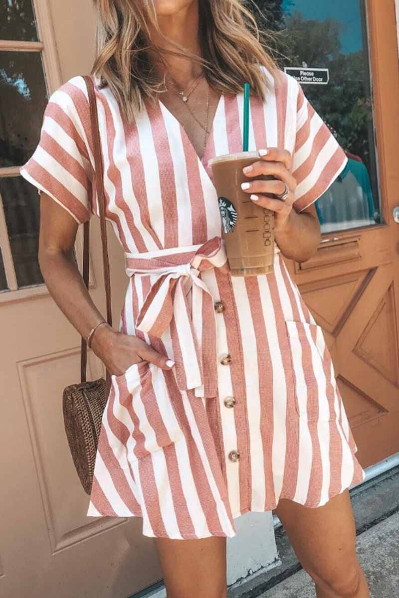 Vestido de rayas con botones y cuello en V (2 colores)