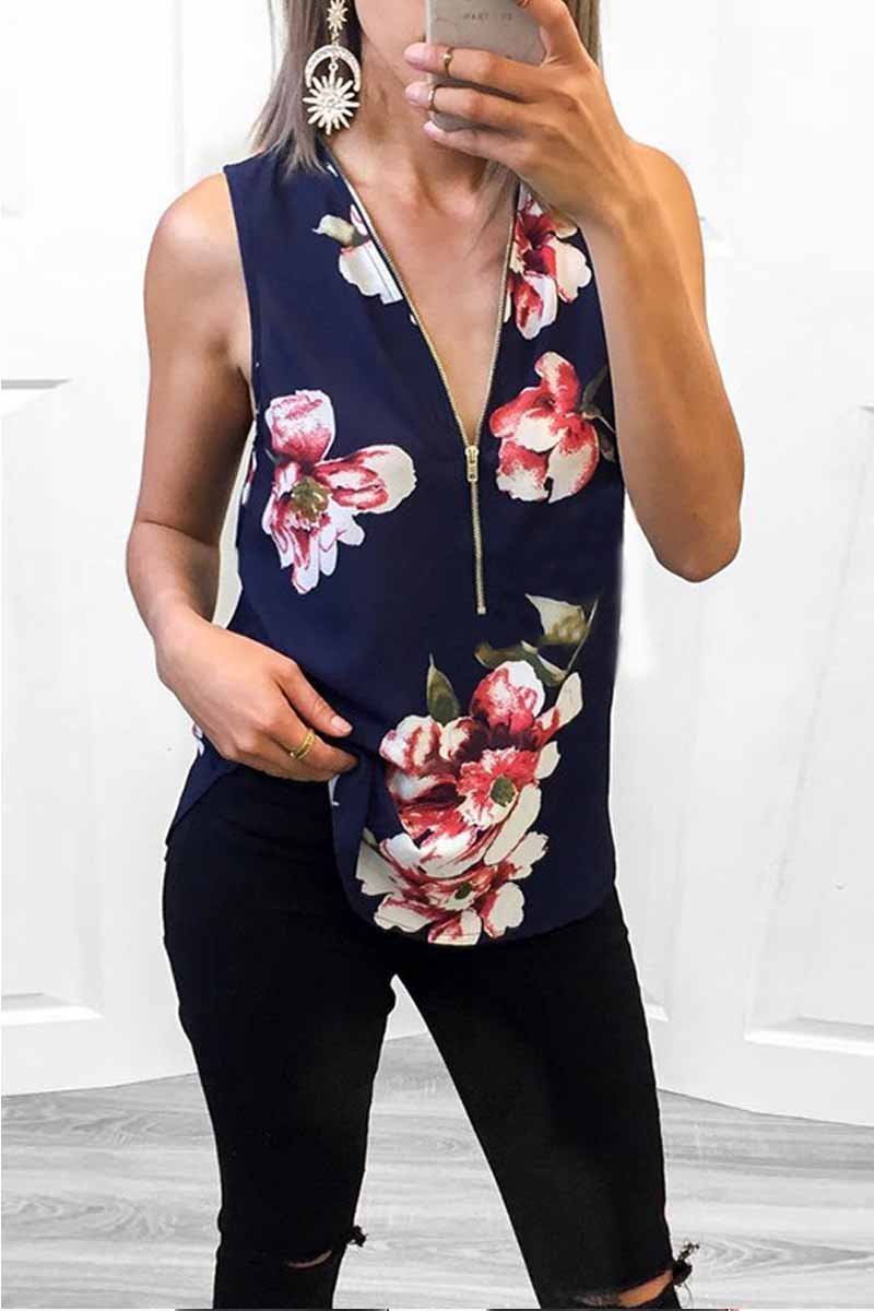 Camiseta sin mangas floral con diseño de cremallera de moda de verano