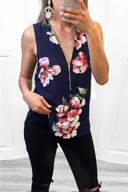 Camiseta sin mangas floral con diseño de cremallera de moda de verano