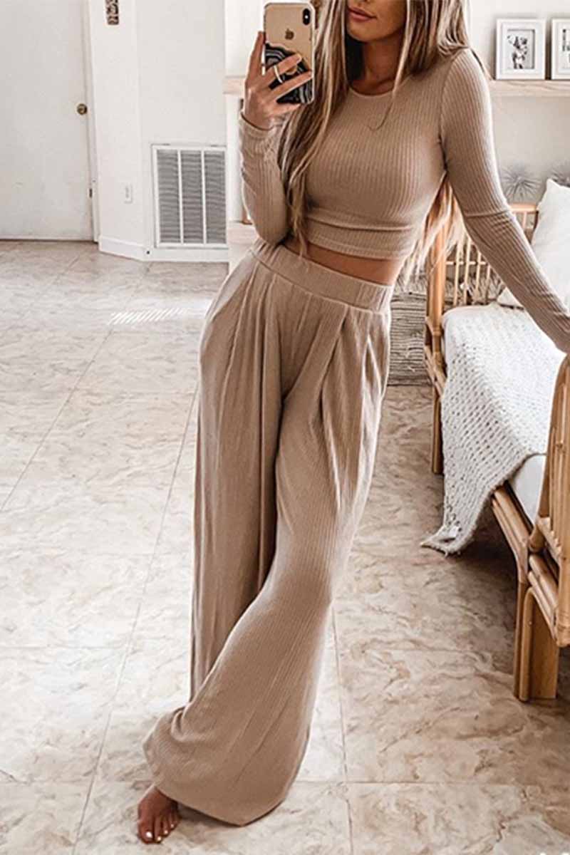 Conjunto de dos piezas, cuello redondo, color liso, mangas largas y piernas anchas (4 colores)