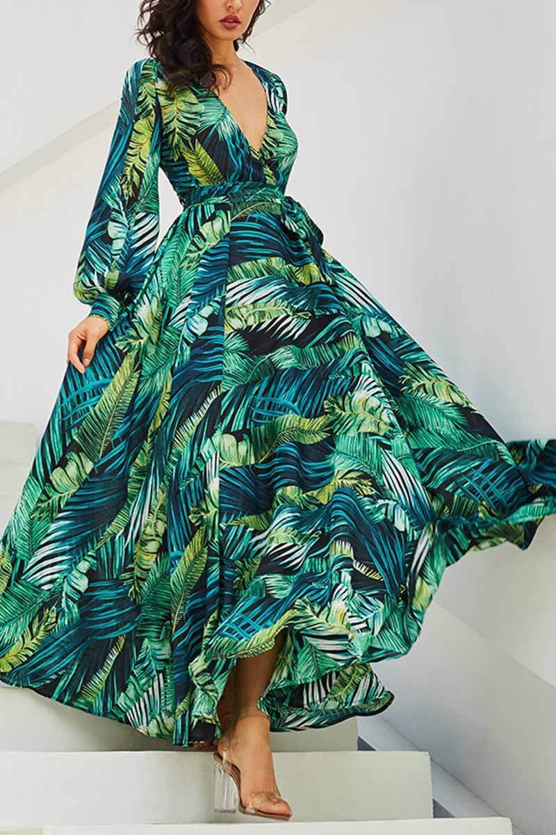 Vestido largo con cuello en V y estampado de hojas