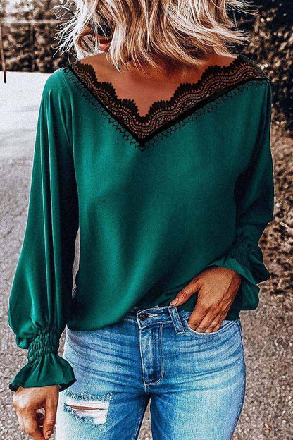 Tops de manga larga con escote en V y encaje