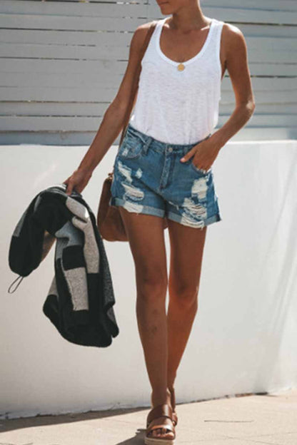 Shorts rectos de mezclilla rasgados de Fashion Street