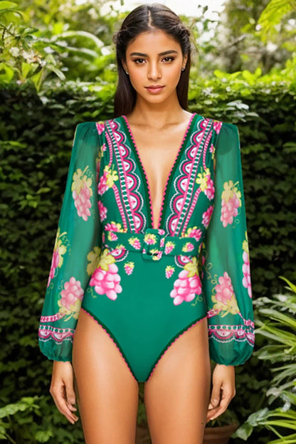 Deep V Retro Print Long Sleeve Swimsuit Set
