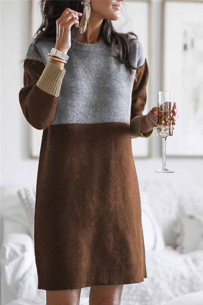 Vestido holgado con cuello redondo y paneles (2 colores)