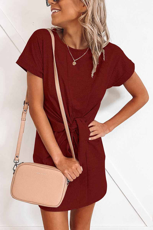 Loose Tie Solid Color Short Sleeves Mini Dress(6 Colors)