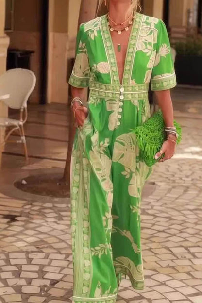 Stylish V-Neck Printed Jumpsuit