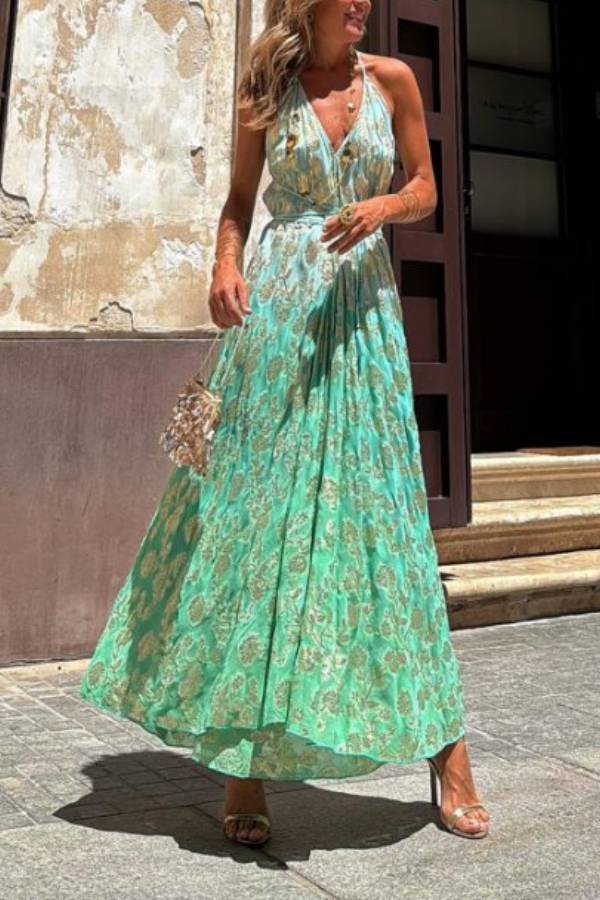 Vestido largo Bianca con cuello halter, corte A y estampado floral dorado degradado con efecto tie-dye