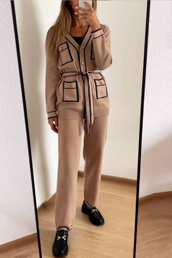Elegante traje de suéter de dos piezas con contraste de colores