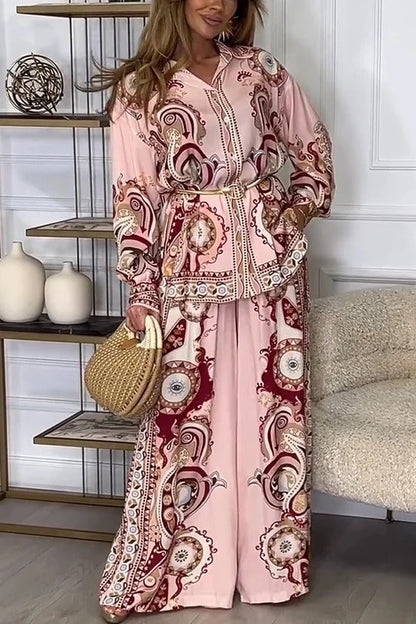Conjunto de camisa de manga larga con solapa y estampado único con lazo en la cintura y pantalones anchos con bolsillo y cintura elástica