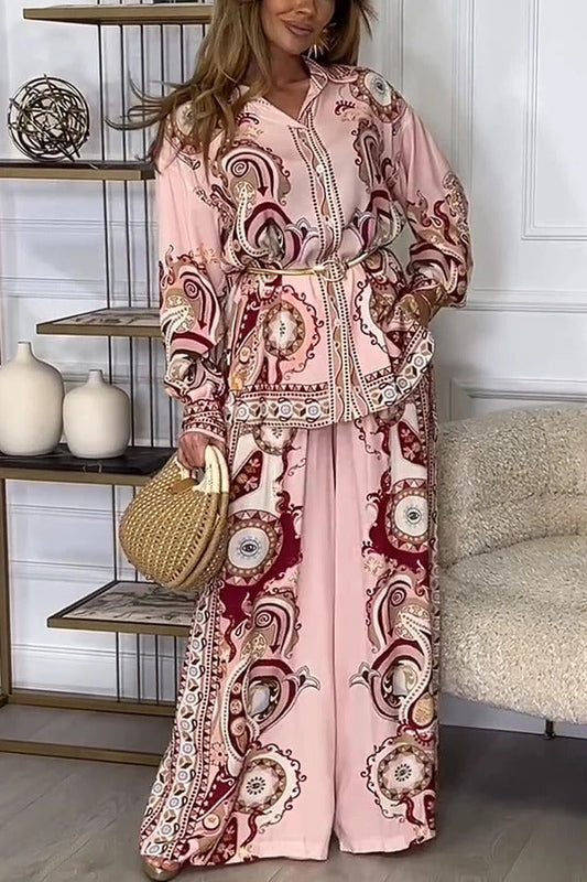 Conjunto de camisa de manga larga con solapa y estampado único con lazo en la cintura y pantalones anchos con bolsillo y cintura elástica