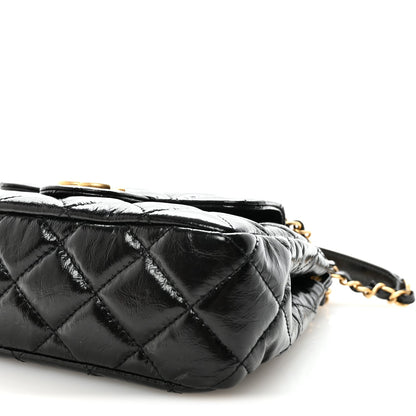 Shiny Crumpled Calfskin Quilted Small Wavy CC Hobo Black