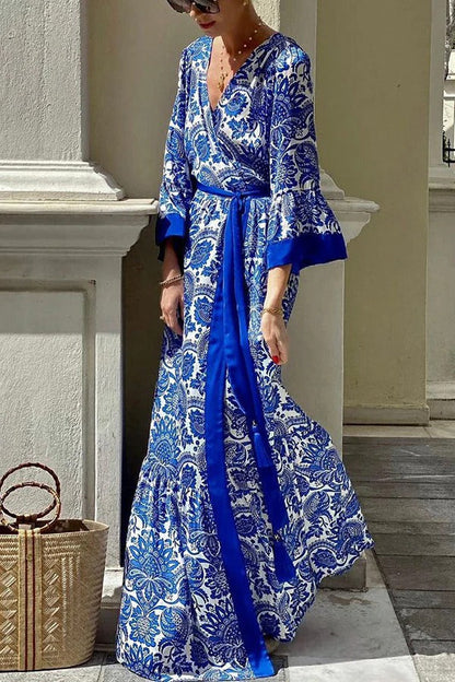 Vestido largo cruzado con cinturón y borlas con estampado floral único de satén de isla griega 