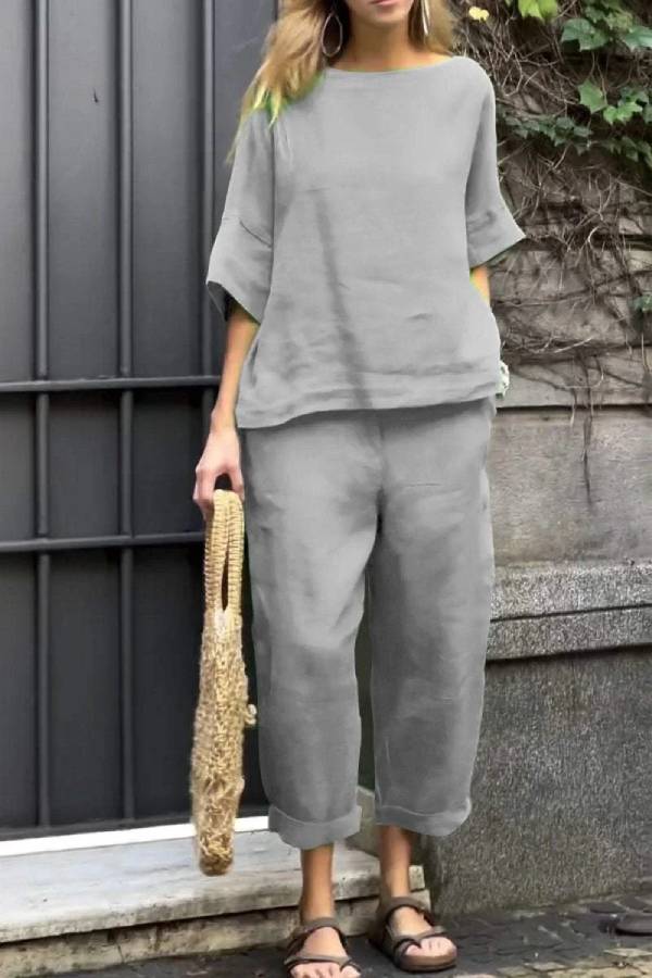 Conjunto informal de dos piezas de algodón y lino con cuello redondo y pantalones de color liso 