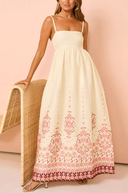 Vestido largo holgado con tirantes y bolsillos, estampado único en mezcla de lino Paradise Flowers