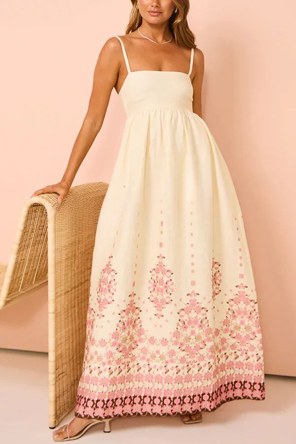 Vestido largo holgado con tirantes y bolsillos, estampado único en mezcla de lino Paradise Flowers