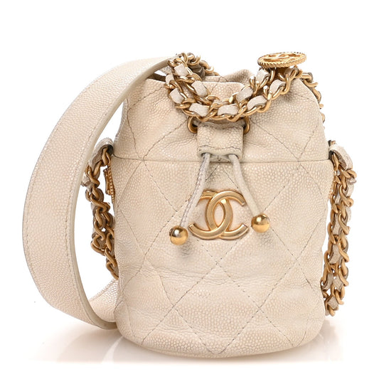 Caviar Quilted Twist Your Buttons Mini Bucket Bag White