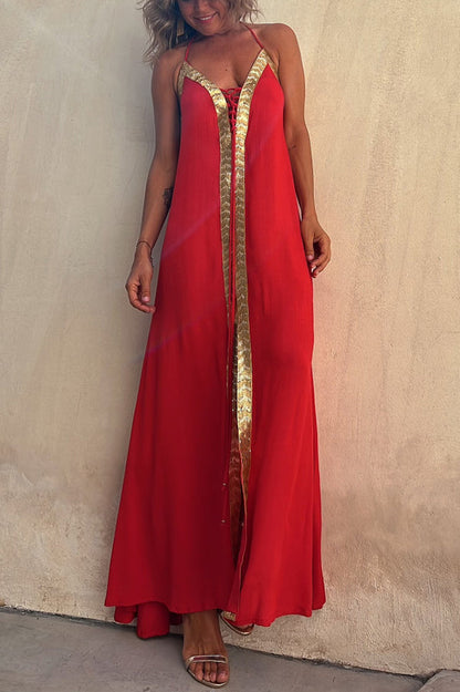 Vestido largo Del Mar con espalda elástica, cuello halter y ribete de lentejuelas y cordones