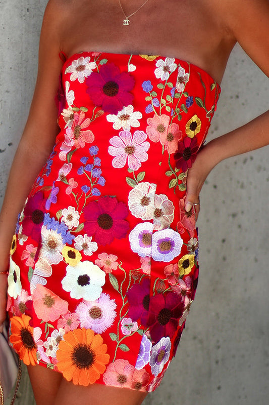 VESTIDO MINI SIN TIRANTES CON APLICACIONES FLORALES IMANI