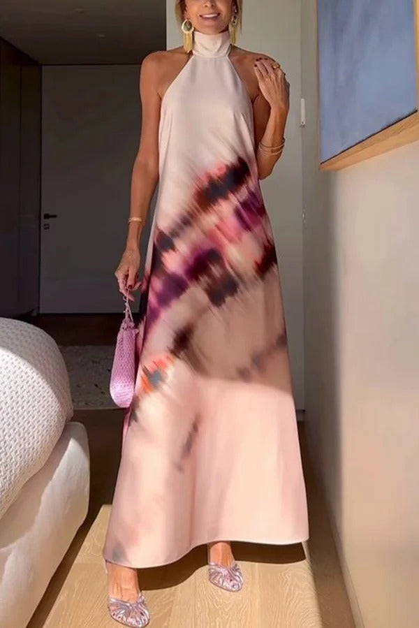 Vestido largo con cuello halter, espalda descubierta y cordones, estampado único