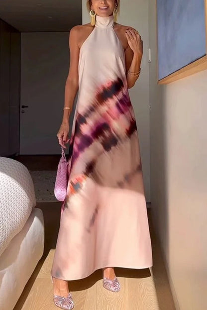 Vestido largo con cuello halter, espalda descubierta y cordones, estampado único
