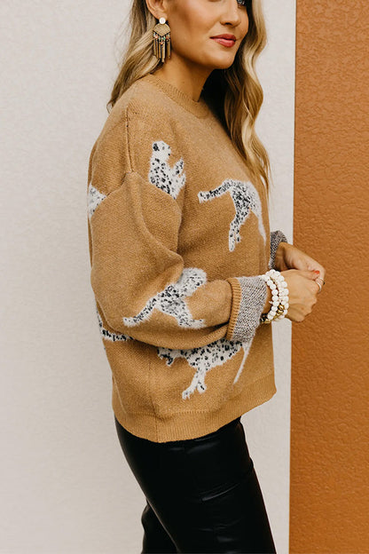 Suéter de punto con hombros caídos y estampado animal color camello