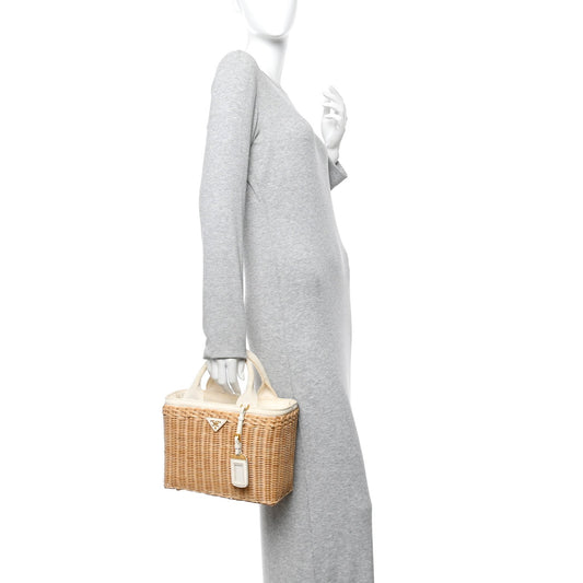 Canvas Wicker Shoulder Bag White Tan