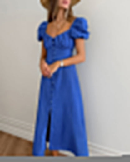 Solid Color Puff Sleeve Square Neck Dress