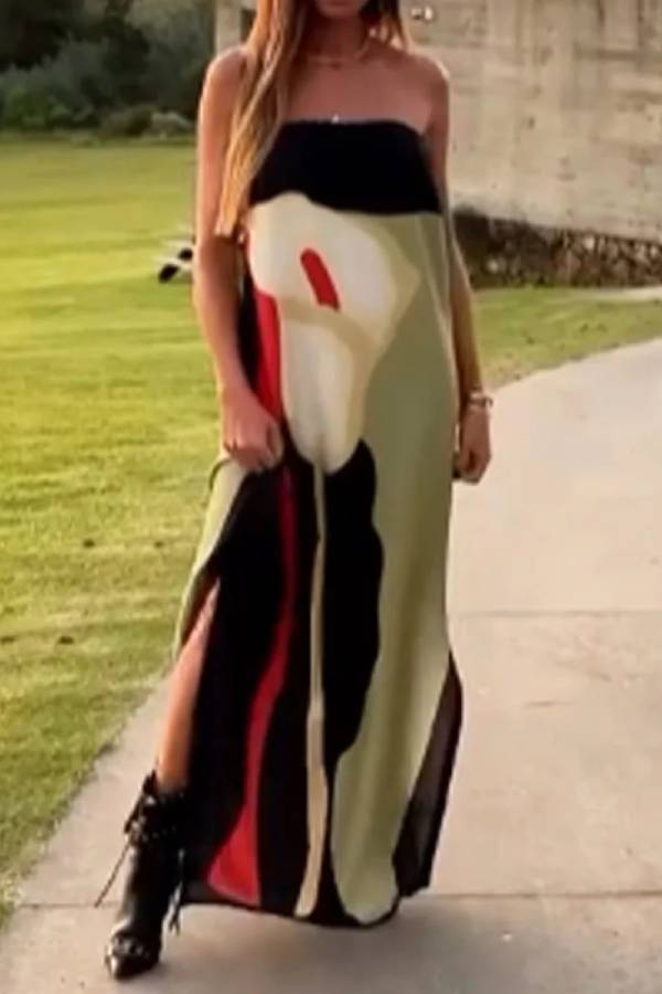 Vestido dividido sin tirantes con estampado artístico de moda