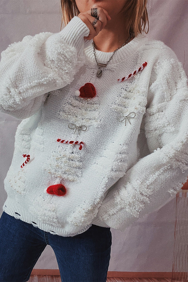 Suéter de punto de cuello redondo y manga larga con estampado navideño