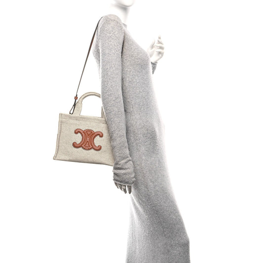 Canvas Calfskin Striped Triomphe Small Cabas Beige