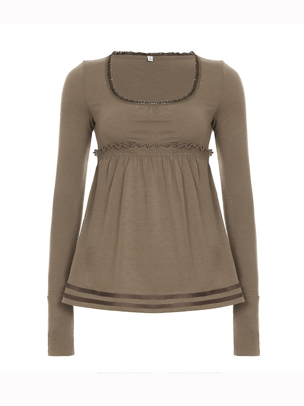 Brown Vintage Square Collar Stitching Long Sleeve Tee