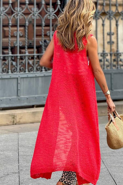 Chaleco largo de punto rojo coral