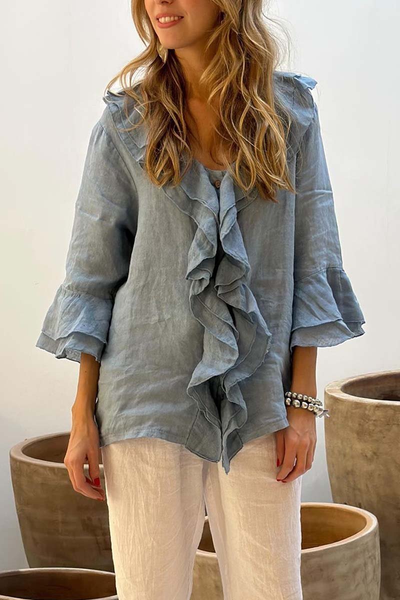 Tops casuales de algodón y lino con cuello con volantes para mujer