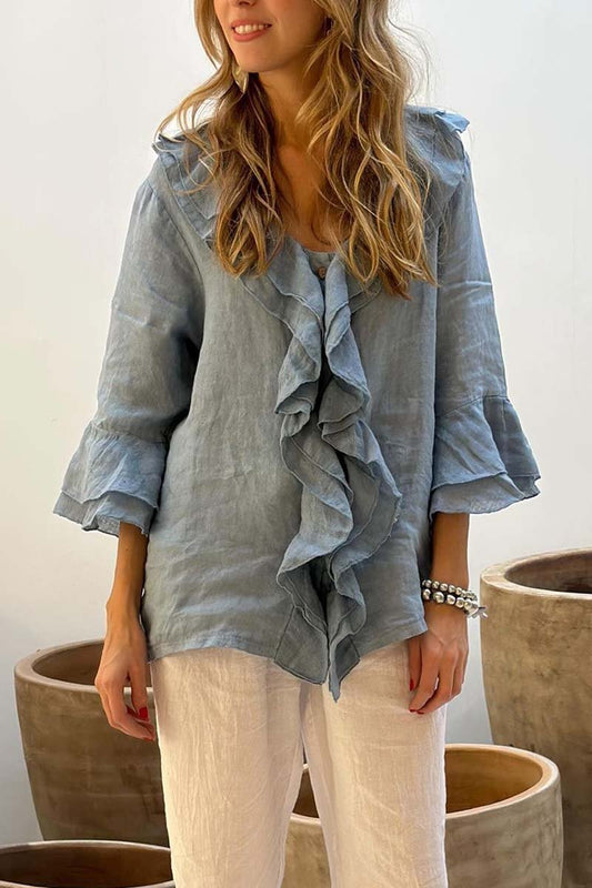 Tops casuales de algodón y lino con cuello con volantes para mujer