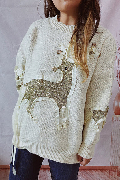 Suéter de punto de cuello redondo y manga larga con estampado navideño