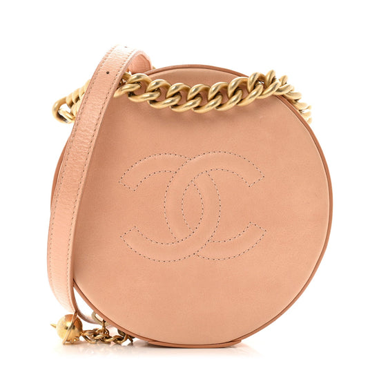 Glazed Calfskin Round As Earth Evening Bag Beige