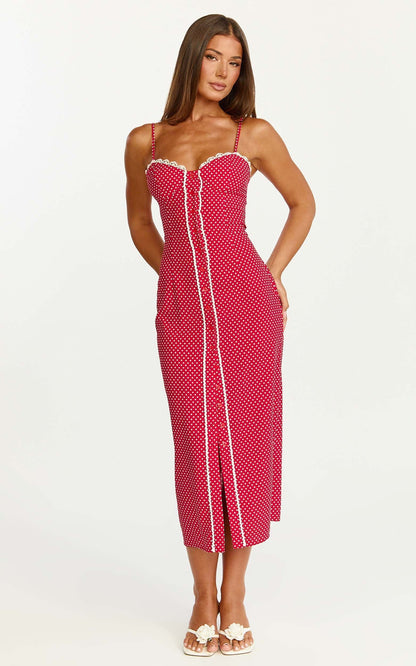 Camille Midi Dress - Button Front Bustier Lace Trim Fitted Dress in Red