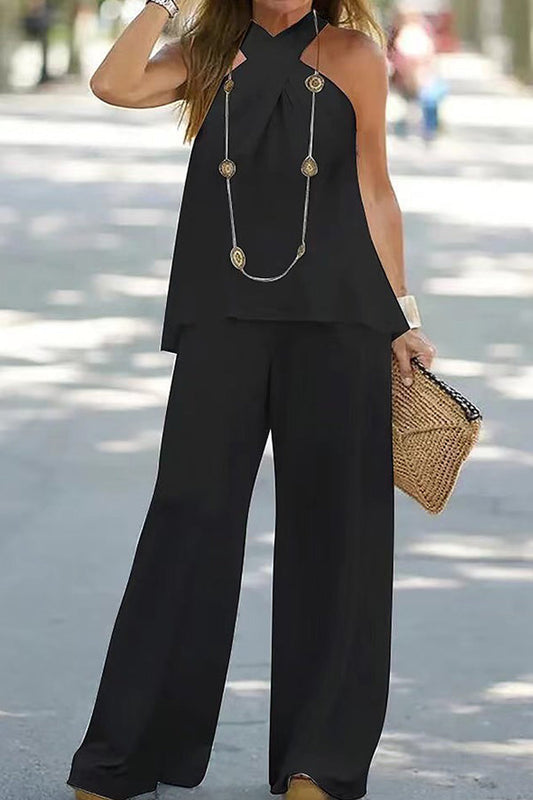 Conjunto de pantalones anchos sin mangas de color liso con cuello halter informal de moda